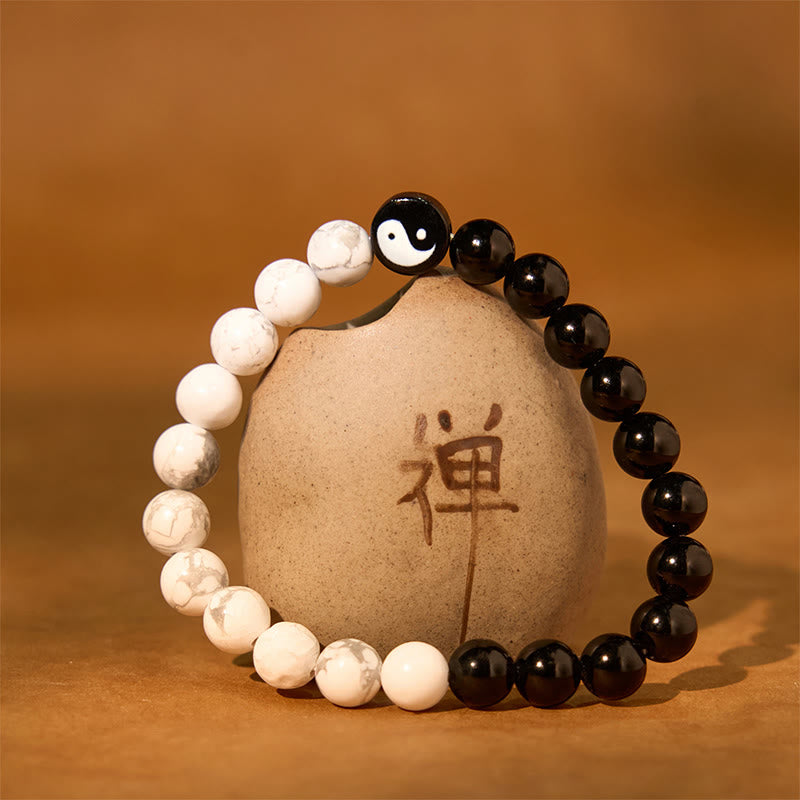 Buddha Stones Armband aus natürlichem Obsidian, Weiß und Türkis, Yinyang, Tai Chi, Stärke