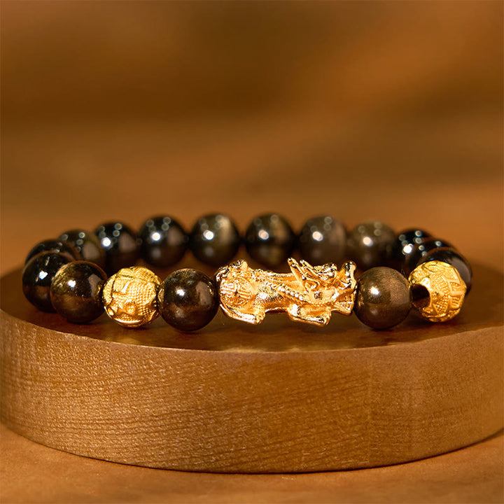 Armband mit natürlichem Obsidian und goldenem Glanz von Buddha Stones , PiXiu, Om Mani Padme Hum, Reichtum