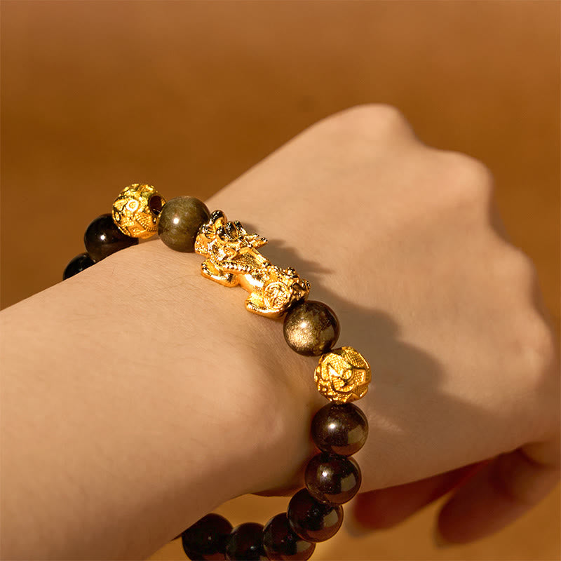 Armband mit natürlichem Obsidian und goldenem Glanz von Buddha Stones , PiXiu, Om Mani Padme Hum, Reichtum