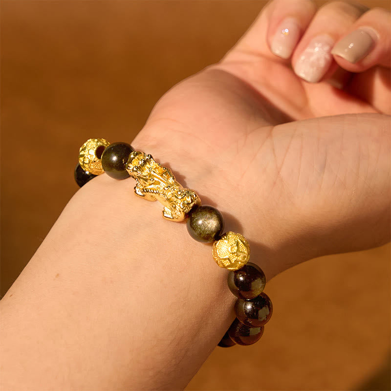 Armband mit natürlichem Obsidian und goldenem Glanz von Buddha Stones , PiXiu, Om Mani Padme Hum, Reichtum