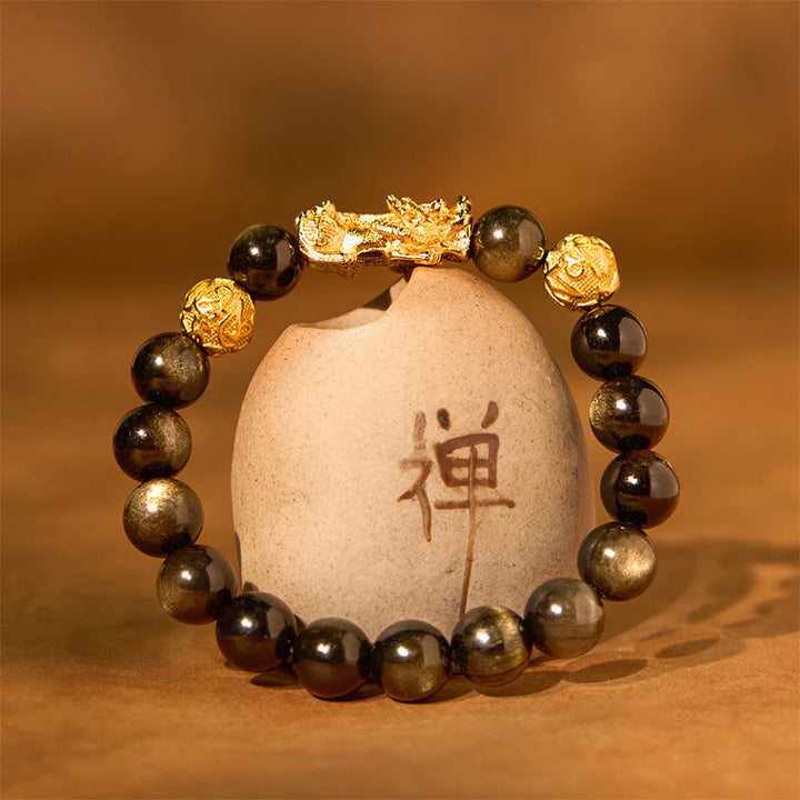 Armband mit natürlichem Obsidian und goldenem Glanz von Buddha Stones , PiXiu, Om Mani Padme Hum, Reichtum