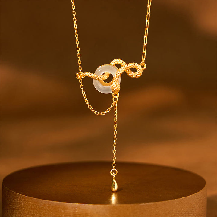 Buddha Stones , Chalcedon, Friedensschnalle, 925er Sterlingsilber, Gold, Jahr der Schlange, Harmonie-Halskettenanhänger - Chalcedon 925 Sterling Silber Goldene Schlange (Länge: 40+5cm) - image 0