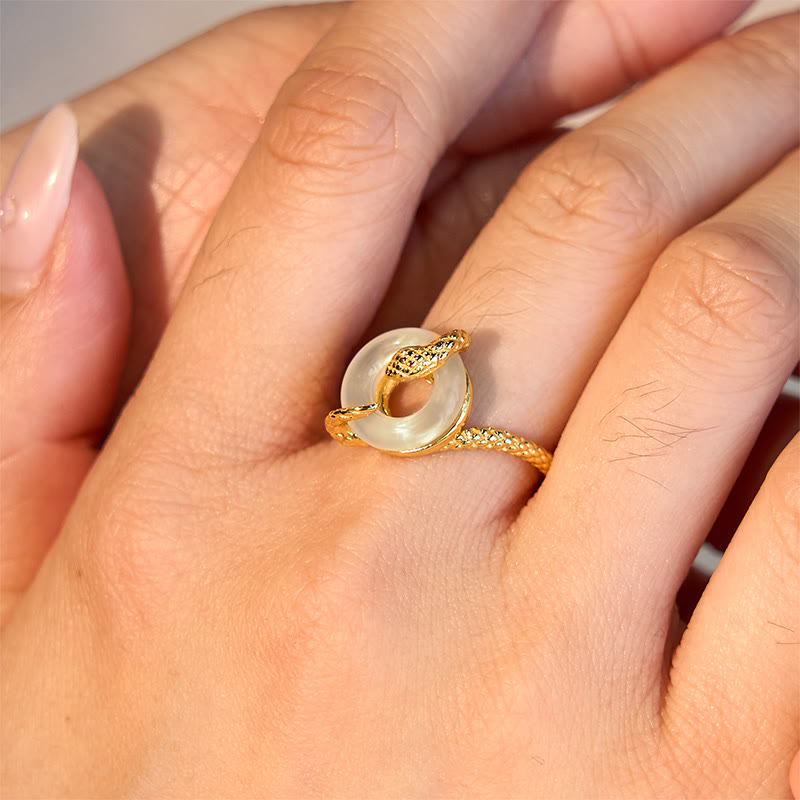 Buddha Stones Chalcedon Friedensschnalle 925 Sterling Silber Goldener Harmoniering des Jahres der Schlange - image 11