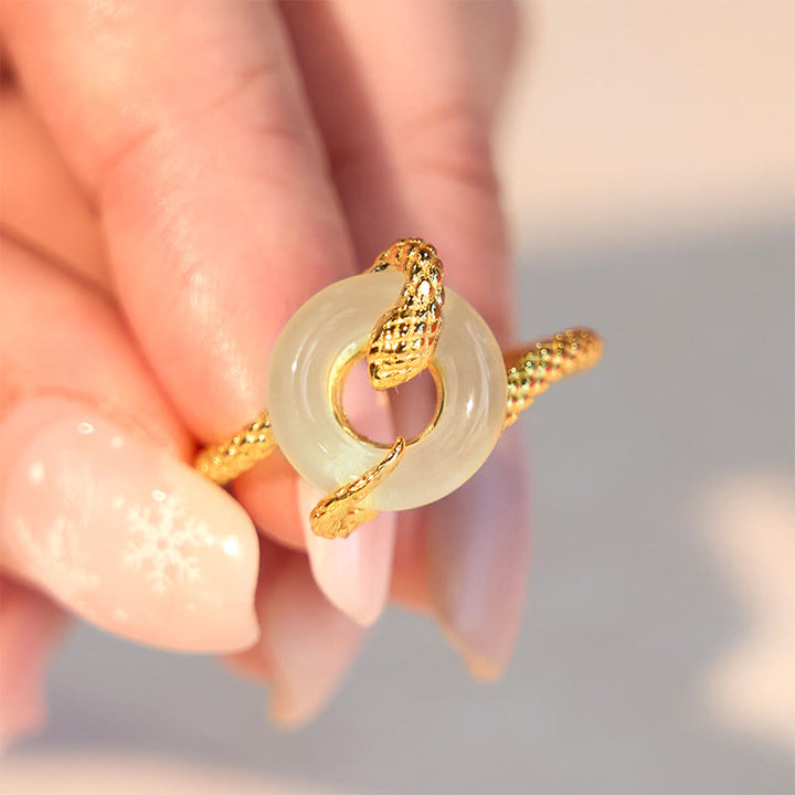 Buddha Stones Chalcedon Friedensschnalle 925 Sterling Silber Goldener Harmoniering des Jahres der Schlange - image 10