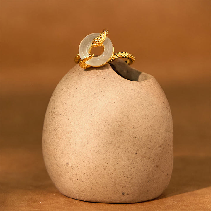 Buddha Stones Chalcedon Friedensschnalle 925 Sterling Silber Goldener Harmoniering des Jahres der Schlange - image 3