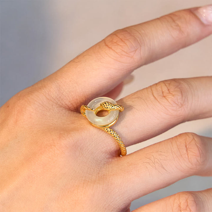 Buddha Stones Chalcedon Friedensschnalle 925 Sterling Silber Goldener Harmoniering des Jahres der Schlange - image 4