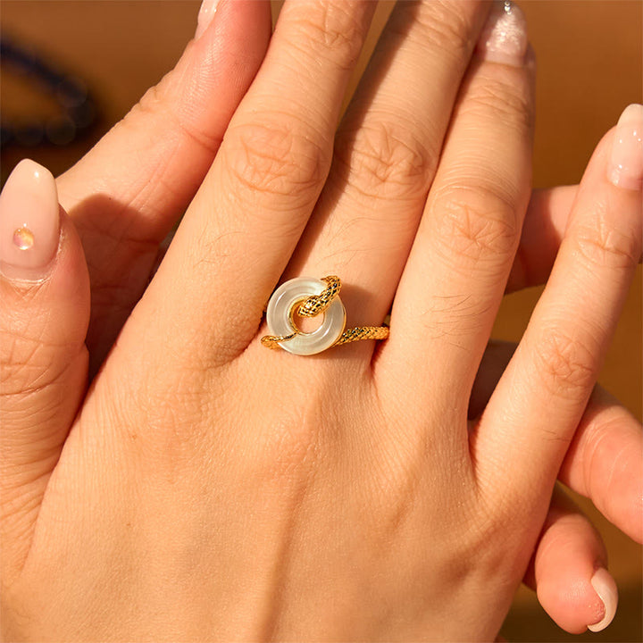 Buddha Stones Chalcedon Friedensschnalle 925 Sterling Silber Goldener Harmoniering des Jahres der Schlange - image 12