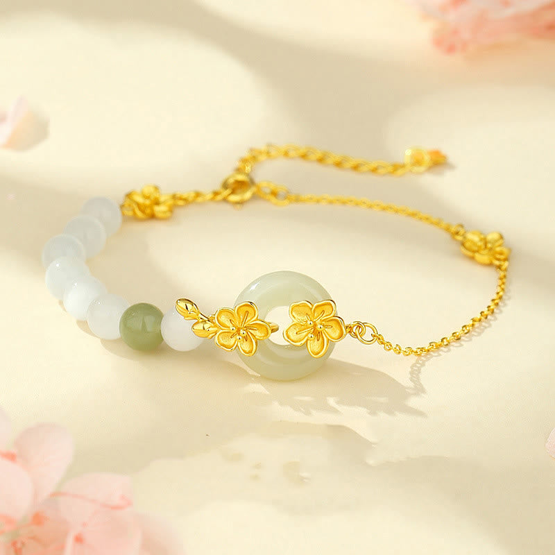Buddha Stones Chrysoberyll Hetian Jade 999 Sterling Silber Liebesarmband - Chrysoberyll, Hetian-Jade, Gold, 999er Sterlingsilber (Handgelenkumfang: 14-19 cm) - image 0