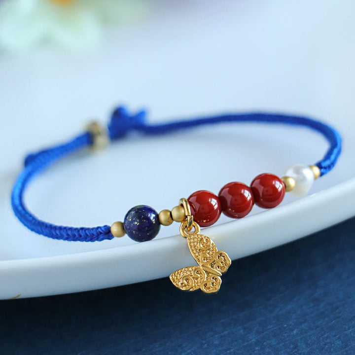 Buddha Stones Klein Blue String Südroter Achat Granat Blauer Aventurin Lazurite Kupfer Schmetterling Fu Charakter Positives Armband