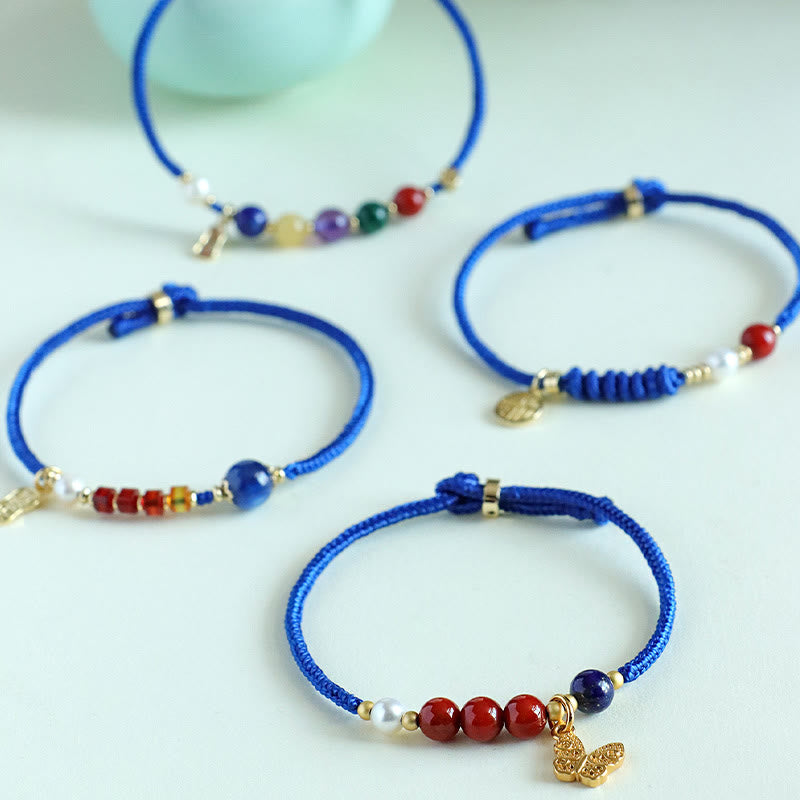 Buddha Stones ​​Kleinblaue Schnur Südroter Achat Granat Blauer Aventurin Lazurit Lapislazuli Kupfer Schmetterling Fu Charakter Positives Armband - image 14