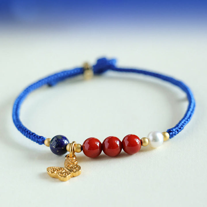 Buddha Stones Klein Blue String Südroter Achat Granat Blauer Aventurin Lazurite Kupfer Schmetterling Fu Charakter Positives Armband