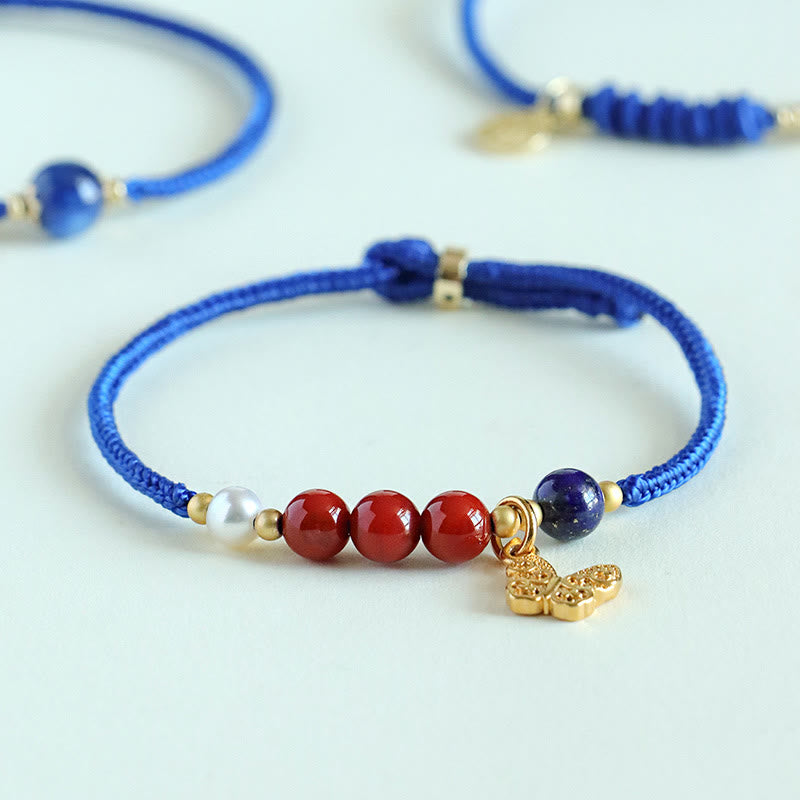 Buddha Stones Klein Blue String Südroter Achat Granat Blauer Aventurin Lazurite Kupfer Schmetterling Fu Charakter Positives Armband