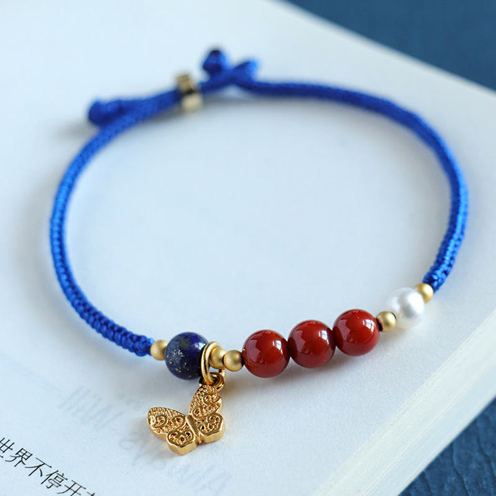 Buddha Stones Klein Blue String Südroter Achat Granat Blauer Aventurin Lazurite Kupfer Schmetterling Fu Charakter Positives Armband