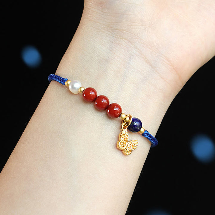 Buddha Stones Klein Blue String Südroter Achat Granat Blauer Aventurin Lazurite Kupfer Schmetterling Fu Charakter Positives Armband