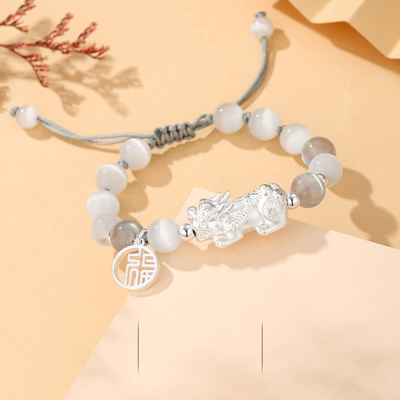 Buddha Stones Pi Xiu Sechs Wahre Worte 999 Sterling Silber Schwarzer Obsidian Weißer Türkis Chrysoberyll Glücksarmband - 999 Sterling Silber Chrysoberyll Mondstein (Handgelenkumfang: 16-21 cm) - image 12