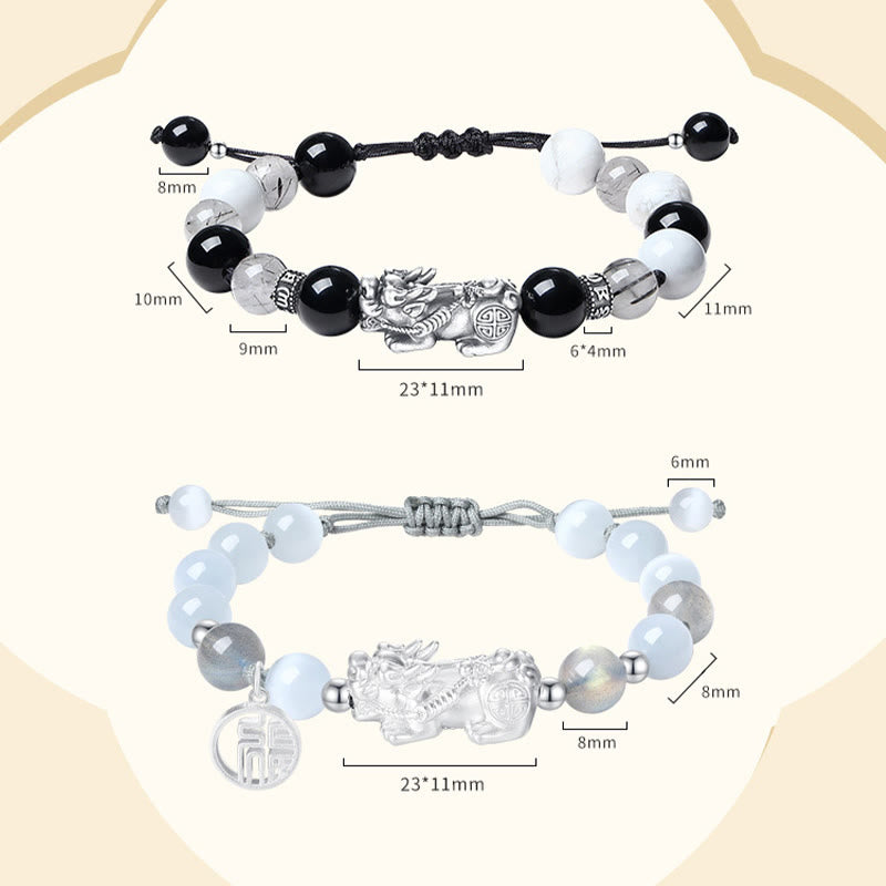 Buddha Stones Pi Xiu Sechs Wahre Worte 999 Sterling Silber Schwarzer Obsidian Weißer Türkis Chrysoberyll Glücksarmband - 2 Stück - image 17