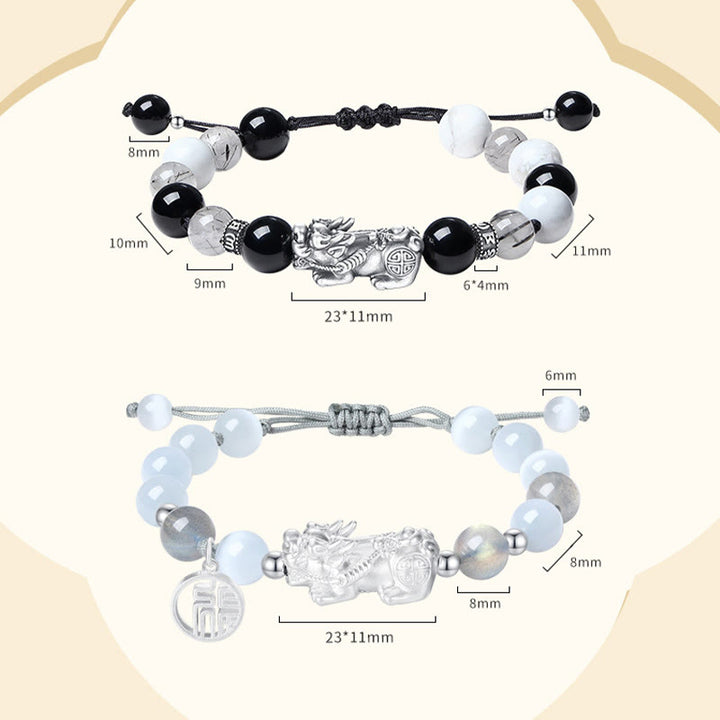 Buddha Stones Pi Xiu Sechs Wahre Worte 999 Sterling Silber Schwarzer Obsidian Weißer Türkis Chrysoberyll Glücksarmband - 2 Stück - image 17