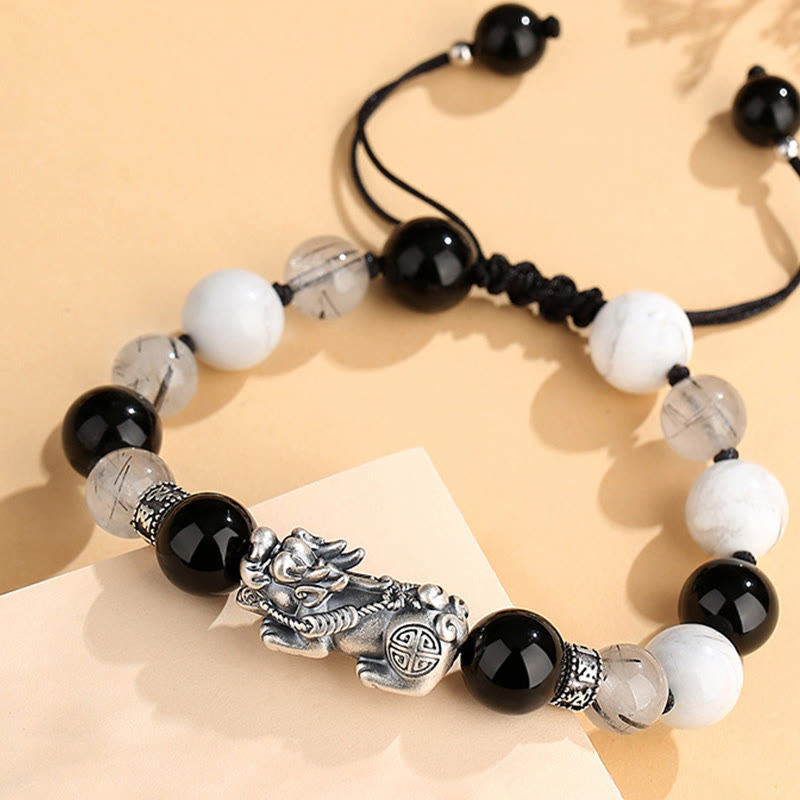 Buddha Stones Pi Xiu Sechs Wahre Worte 999 Sterling Silber Schwarzer Obsidian Weißer Türkis Chrysoberyll Glücksarmband - image 2