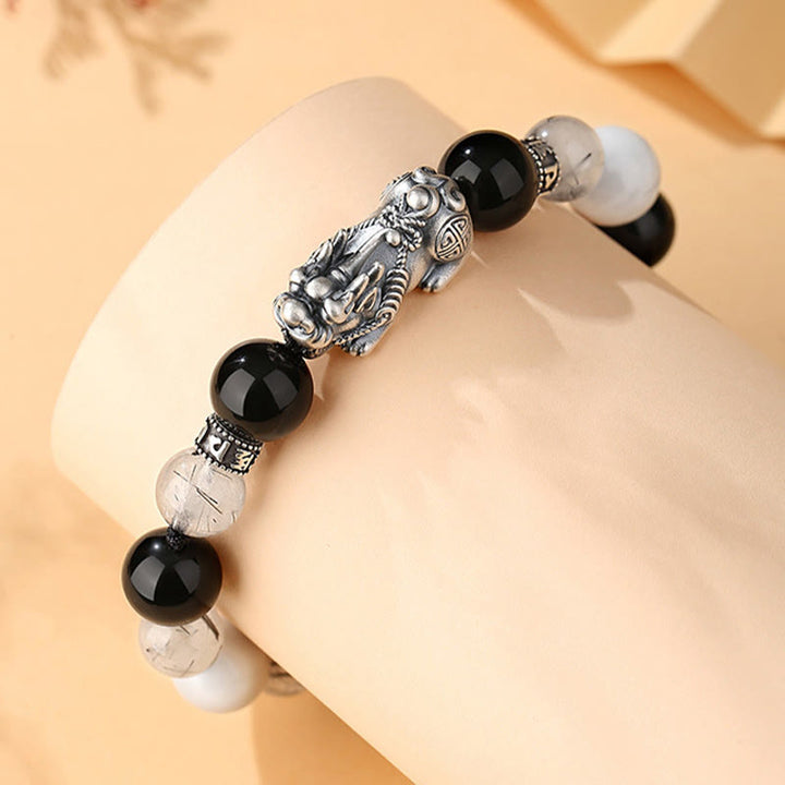 Buddha Stones Pi Xiu Sechs Wahre Worte 999 Sterling Silber Schwarzer Obsidian Weißer Türkis Chrysoberyll Glücksarmband - image 3