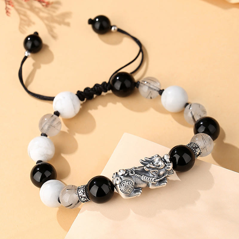 Buddha Stones Pi Xiu Sechs Wahre Worte 999 Sterling Silber Schwarzer Obsidian Weißer Türkis Chrysoberyll Glücksarmband - image 1