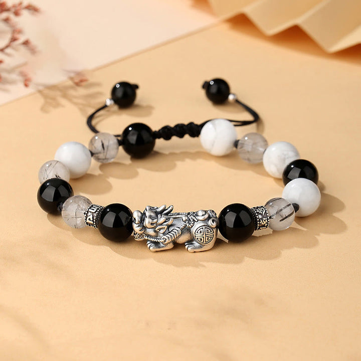 Buddha Stones Pi Xiu Sechs Wahre Worte 999 Sterling Silber Schwarzer Obsidian Weißer Türkis Chrysoberyll Glücksarmband - 999 Sterling Silber, schwarzer Obsidian, weißer Türkis, schwarzer Rutilquarz (Handgelenkumfang: 20-25 cm) - image 0