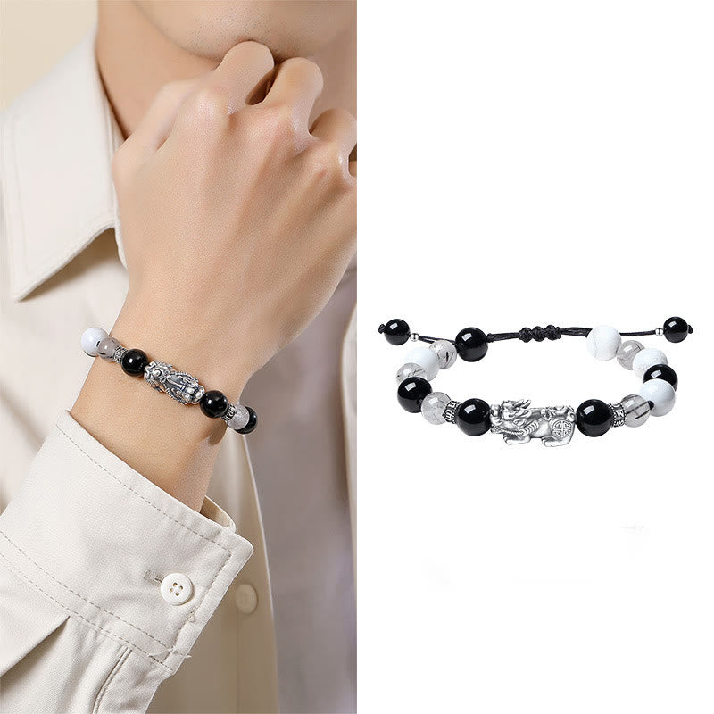 Buddha Stones Pi Xiu Sechs Wahre Worte 999 Sterling Silber Schwarzer Obsidian Weißer Türkis Chrysoberyll Glücksarmband - image 5