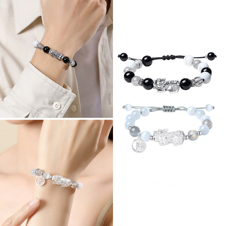 Buddha Stones Pi Xiu Sechs Wahre Worte 999 Sterling Silber Schwarzer Obsidian Weißer Türkis Chrysoberyll Glücksarmband - image 18