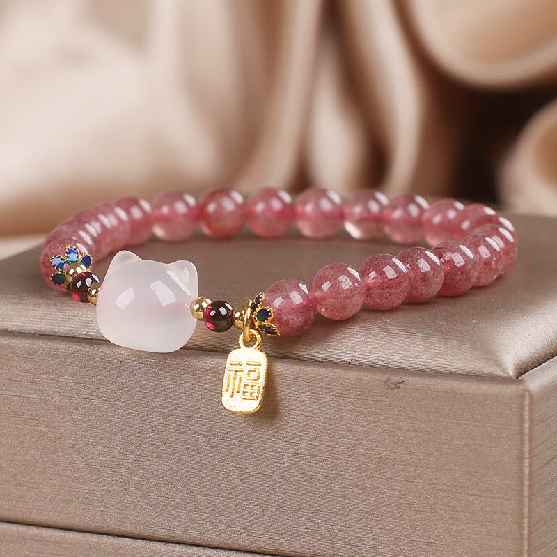 Buddha Stones Erdbeerquarz Weiße Jade Katze Fu Charakter Heilung Armband - image 2