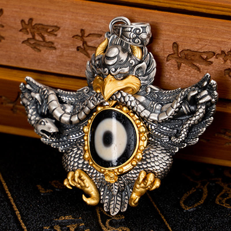 Buddha Stones ​​925 Sterling Silber Tibet Garuda Vogel Dzi Perle Schutz Halskette Anhänger - image 3