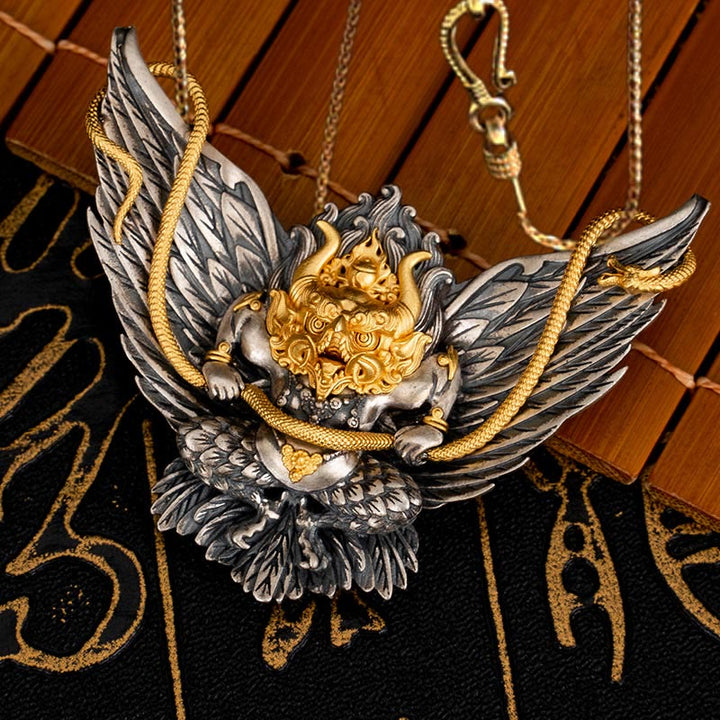 Halskette mit Anhänger Buddha Stones 925 Sterling Silber tibetischer Garuda Vogel Drache Schlange Weisheit - Garuda & 58 cm goldene Kupferkette - image 12
