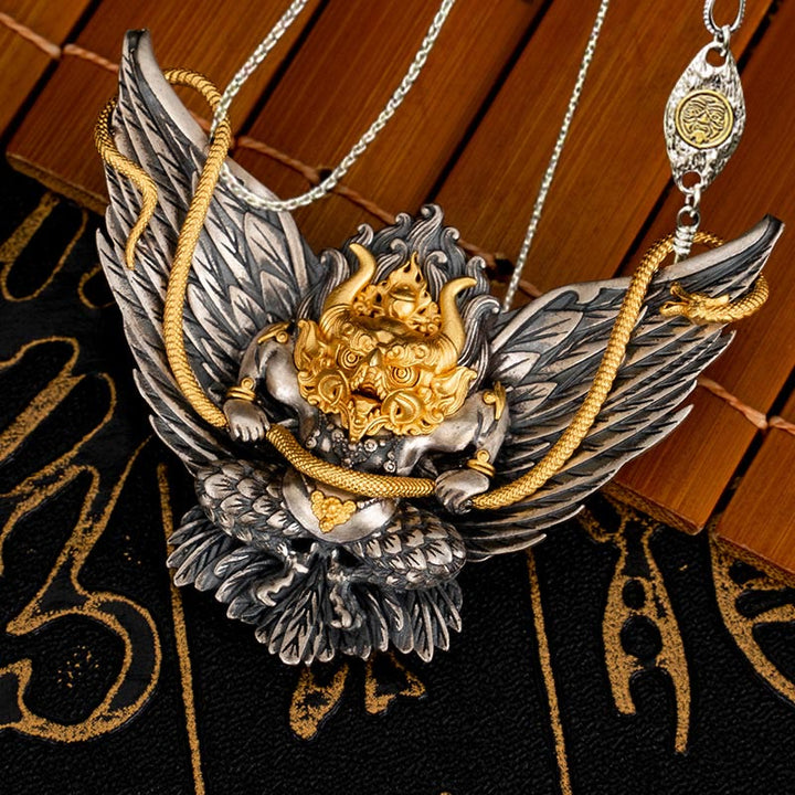 Halskette mit Anhänger Buddha Stones 925 Sterling Silber tibetischer Garuda Vogel Drache Schlange Weisheit