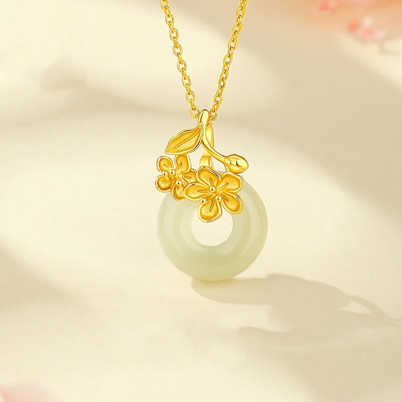 Buddha Stones Hetian Jade 999 Sterling Silber Peace Schnalle Pfirsichblüte Halskette Anhänger - Goldener Hetian-Jade - image 0