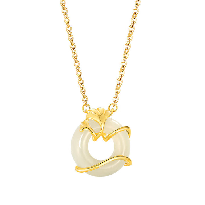 Buddha Stones ​​Hetian Jade 925 Sterling Silber Frieden Schnalle Ginkgo Blatt Halskette Anhänger - image 4