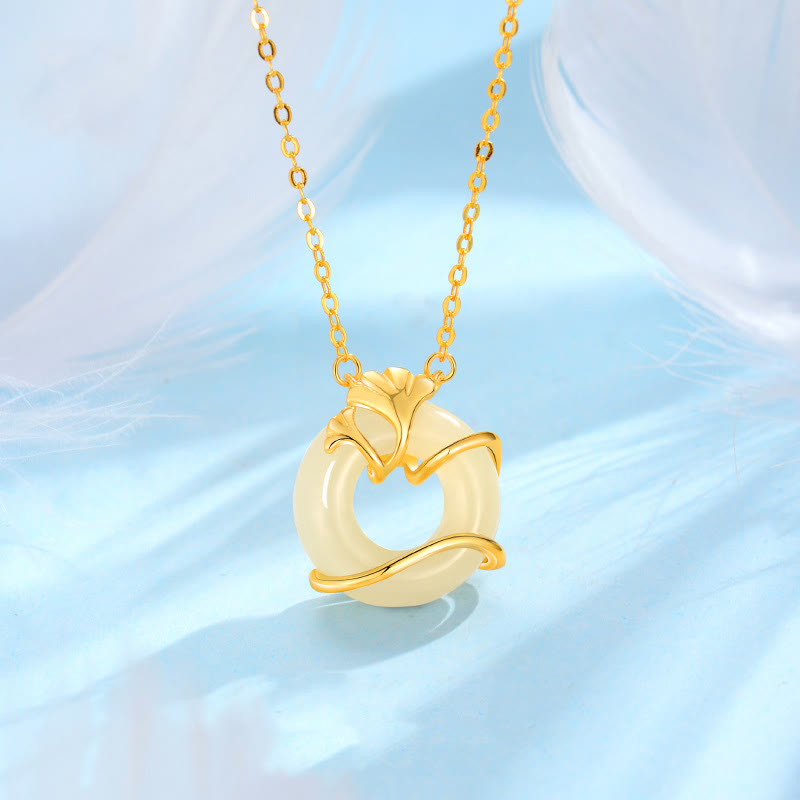 Buddha Stones ​​Hetian Jade 925 Sterling Silber Frieden Schnalle Ginkgo Blatt Halskette Anhänger - Goldene 925 Sterling Silber Hetian Jade - image 0