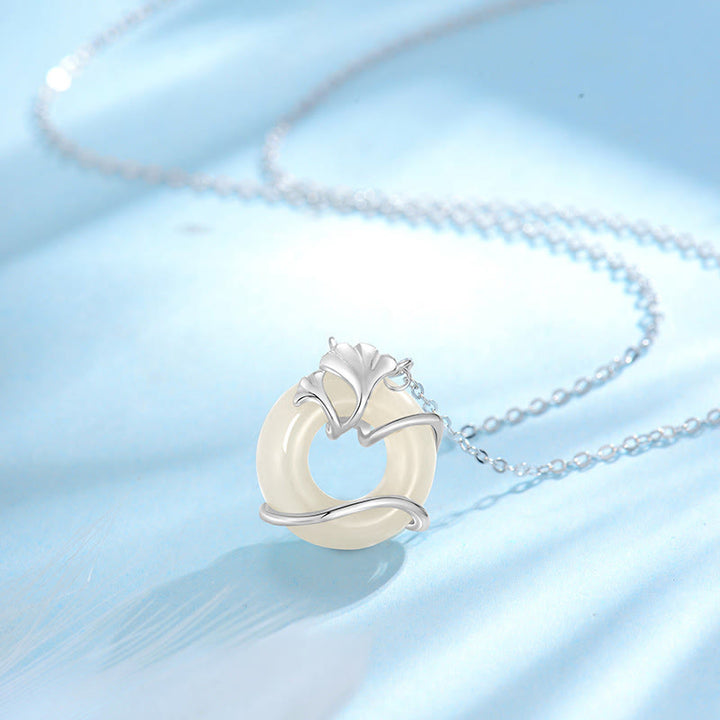 Buddha Stones ​​Hetian Jade 925 Sterling Silber Frieden Schnalle Ginkgo Blatt Halskette Anhänger - 925er Sterlingsilber, Hetian-Jade - image 8