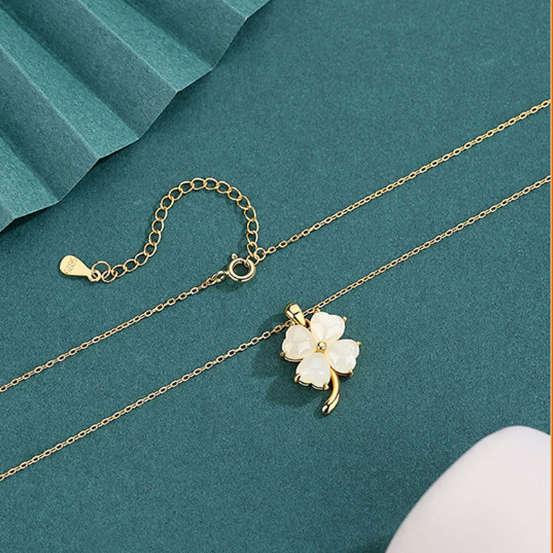 Buddha Stones Hetian Jade 925 Sterling Silber Vierblättriges Kleeblatt Halskette Anhänger - image 3