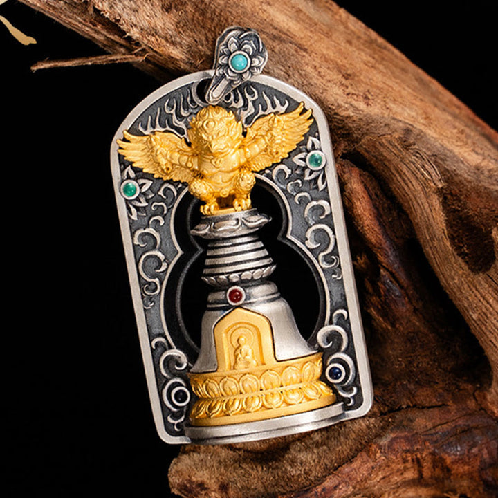 Halskette mit Anhänger aus tibetischem 925er Sterlingsilber mit Buddha Stones, Garuda-Vogel, Vajra, Dorje, Glocke, Schutz - image 3