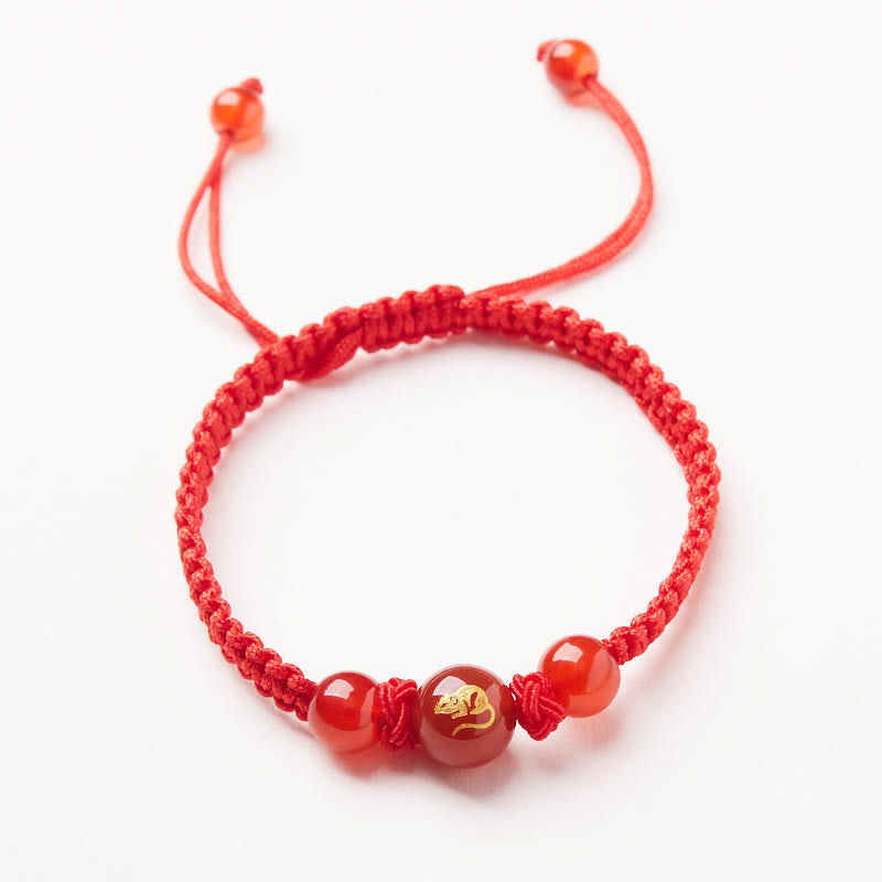 Buddha Stones Armband aus natürlichem rotem Achat mit chinesischem Sternzeichen, geflochtene rote Schnur, Schutz, Glück