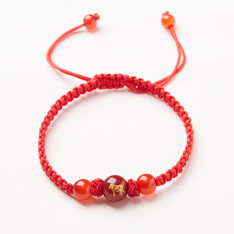 Buddha Stones Armband aus natürlichem rotem Achat mit chinesischem Sternzeichen, geflochtene rote Schnur, Schutz, Glück