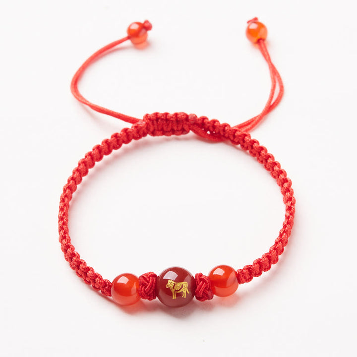 Buddha Stones Armband aus natürlichem rotem Achat mit chinesischem Sternzeichen, geflochtene rote Schnur, Schutz, Glück