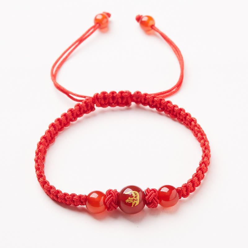 Buddha Stones Armband aus natürlichem rotem Achat mit chinesischem Sternzeichen, geflochtene rote Schnur, Schutz, Glück