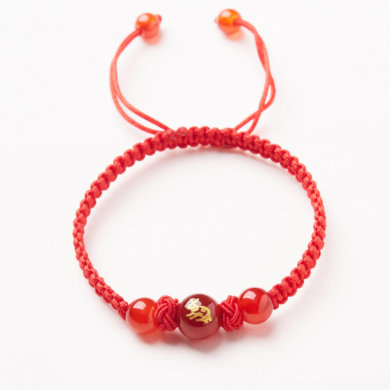 Buddha Stones Armband aus natürlichem rotem Achat mit chinesischem Sternzeichen, geflochtene rote Schnur, Schutz, Glück