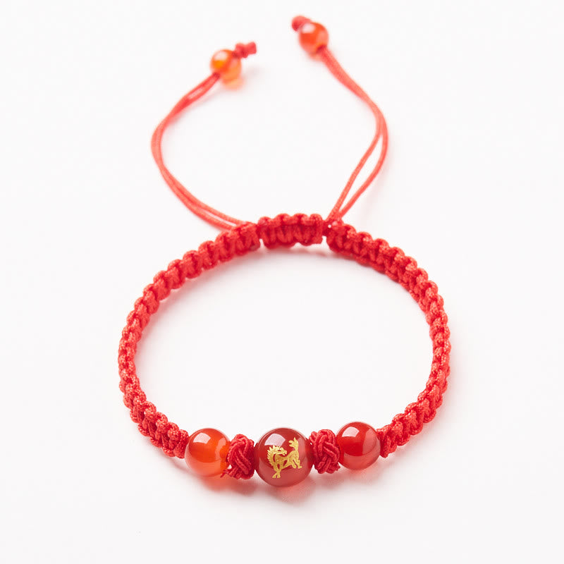 Buddha Stones Armband aus natürlichem rotem Achat mit chinesischem Sternzeichen, geflochtene rote Schnur, Schutz, Glück