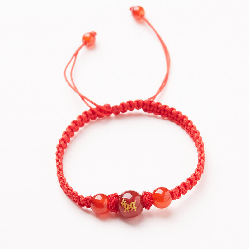 Buddha Stones Armband aus natürlichem rotem Achat mit chinesischem Sternzeichen, geflochtene rote Schnur, Schutz, Glück