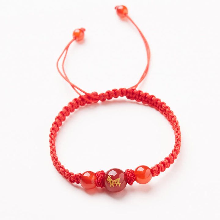 Buddha Stones Armband aus natürlichem rotem Achat mit chinesischem Sternzeichen, geflochtene rote Schnur, Schutz, Glück