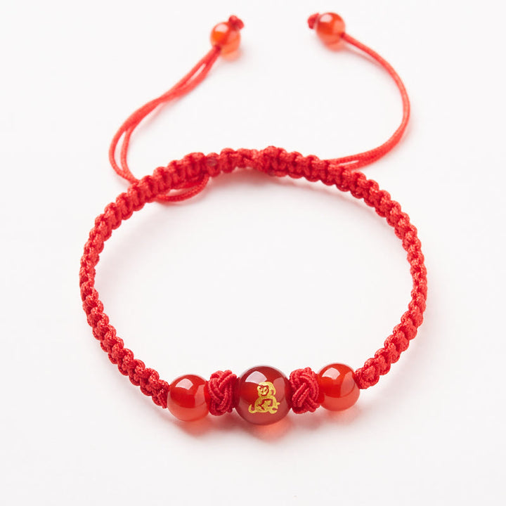 Buddha Stones Armband aus natürlichem rotem Achat mit chinesischem Sternzeichen, geflochtene rote Schnur, Schutz, Glück