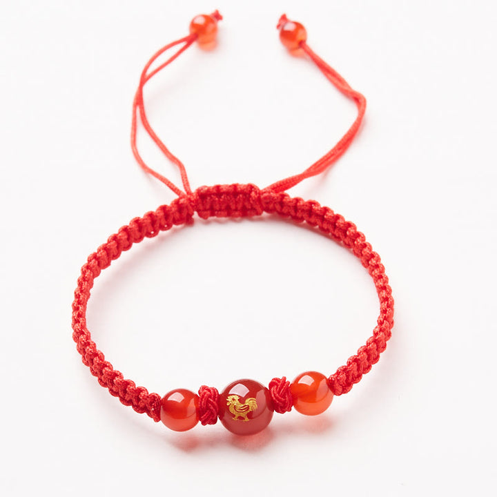 Buddha Stones Armband aus natürlichem rotem Achat mit chinesischem Sternzeichen, geflochtene rote Schnur, Schutz, Glück