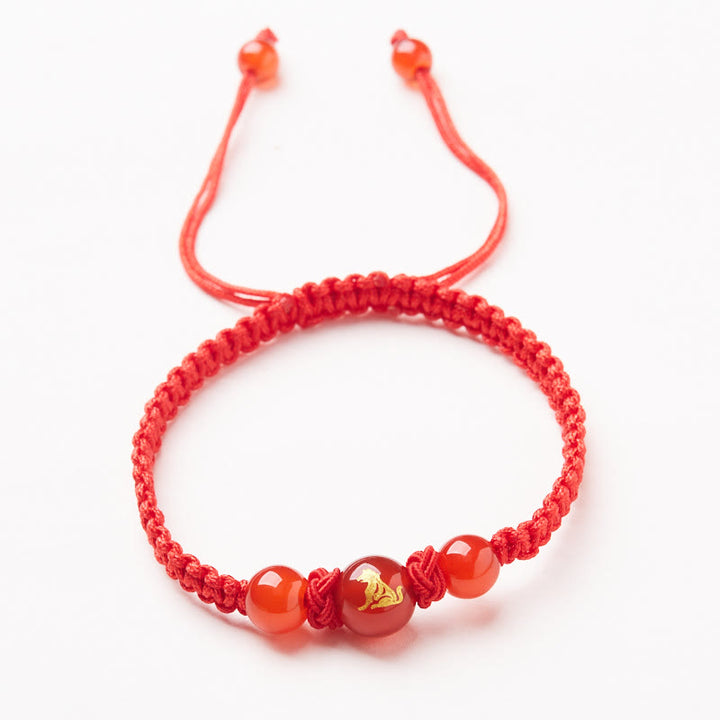 Buddha Stones Armband aus natürlichem rotem Achat mit chinesischem Sternzeichen, geflochtene rote Schnur, Schutz, Glück