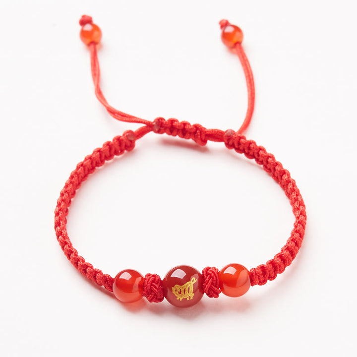 Buddha Stones Armband aus natürlichem rotem Achat mit chinesischem Sternzeichen, geflochtene rote Schnur, Schutz, Glück