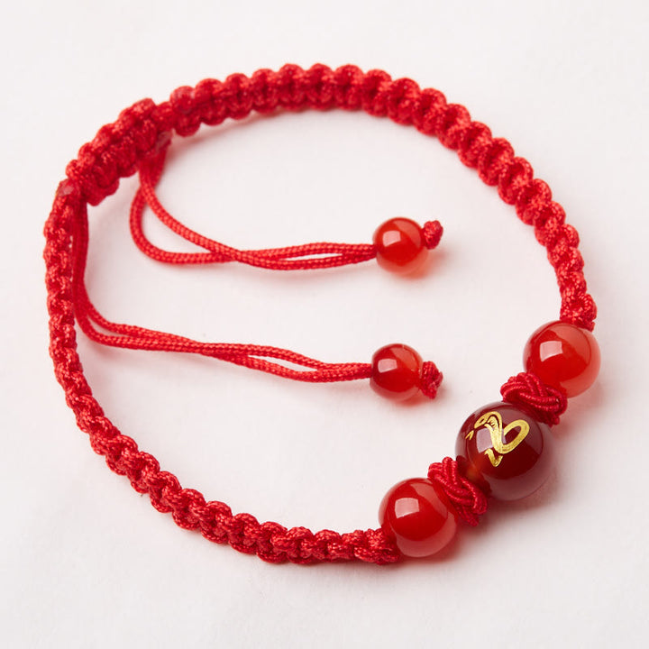 Buddha Stones Armband aus natürlichem rotem Achat mit chinesischem Sternzeichen, geflochtene rote Schnur, Schutz, Glück